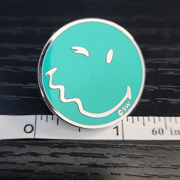 Teal Winking Smiley Face Enamel Pin - Picture 3 of 4